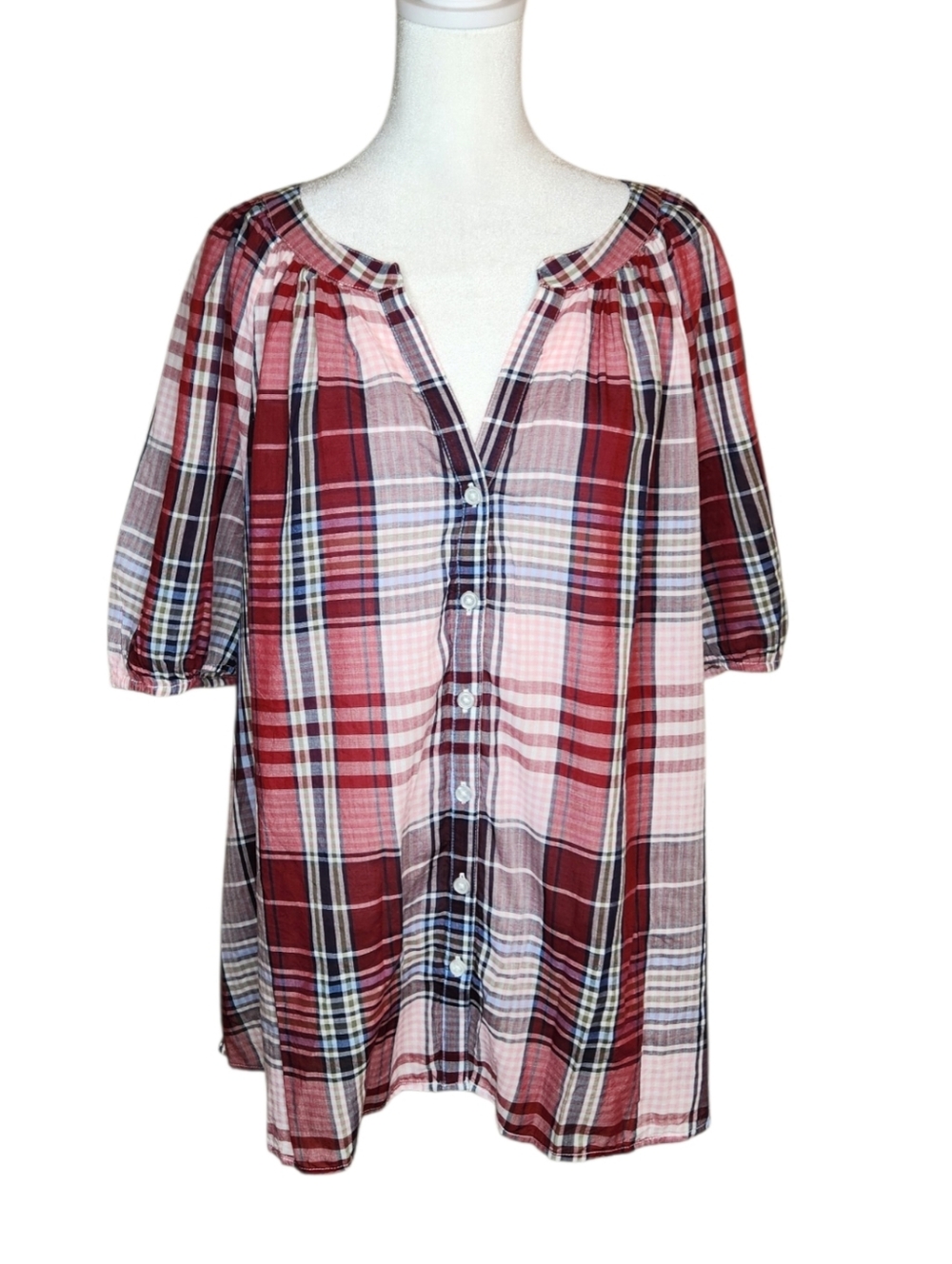 NEW Lane Bryant Plaid Split V Neck Button Down Puff Sleeve Top Size 14